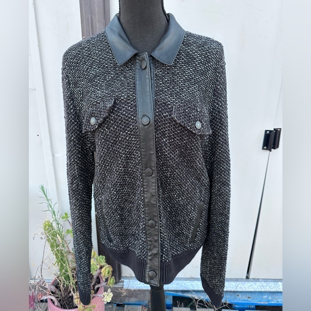 rag & bone Black Tweed Bomber Jacket with Leather Trim